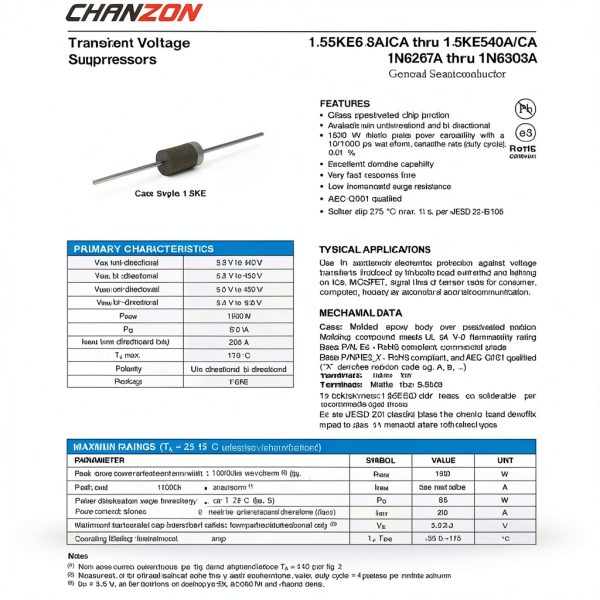 (Pack of 20 Pieces) Chanzon TVS Diodes 1.5KE440A 1.5KE440 1500W 440V DO-201AD (DO-27) Unidirectional Channel 1500 Watt 440 Volt-1