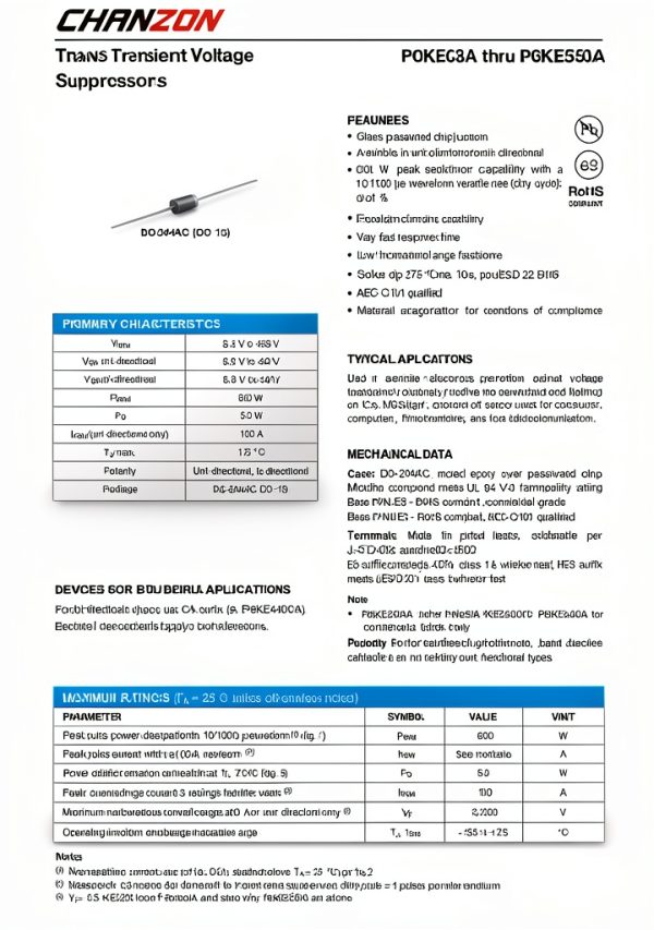 (Pack of 50 Pieces) Chanzon TVS Diodes P6KE200A P6KE200 600W 200V DO-15 (DO-204AC) Axial Unidirectional Channel 600 Watt 200 Volt-1