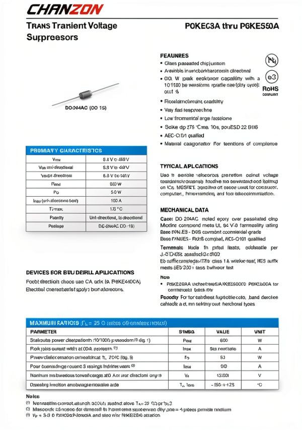 Chanzon TVS Diodes P6KE15CA 600W 15V DO-15 Axial Pack of 50-1