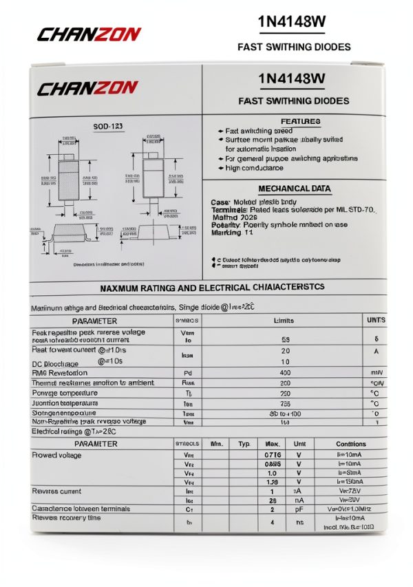 (Pack of 100 Pieces) Chanzon 1N4148W SMD Small Signal Fast Switching Diodes High-Speed 150mA 75V SOD-123 IN4148W 150 mA 75 Volt (Marking T4)-1