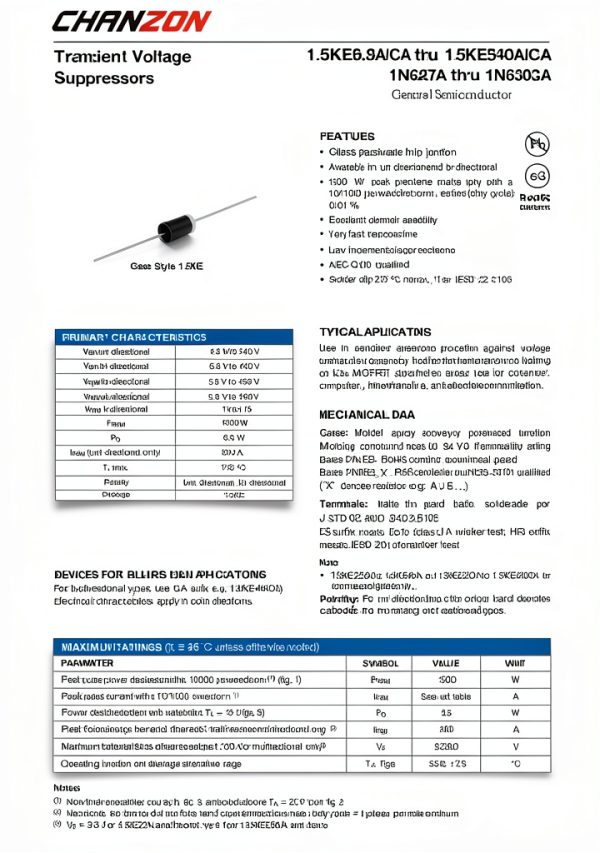 (Pack of 20 Pieces) Chanzon TVS Diodes 1.5KE6.8A 1.5KE6.8 1500W 6.8V DO-201AD (DO-27) Unidirectional Channel 1500 Watt 6.8 Volt-1